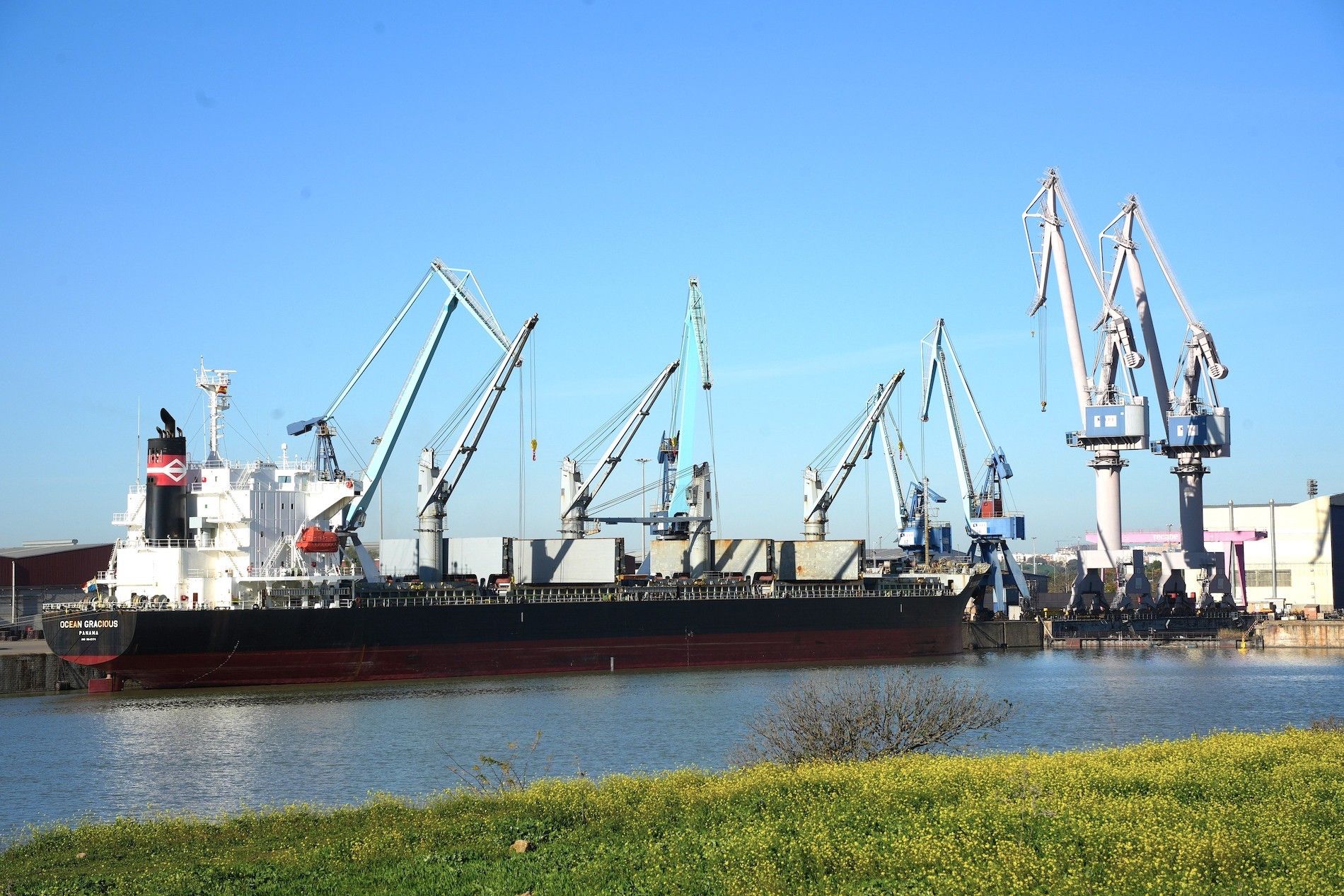 Descarga cereales en el puerto de Sevilla